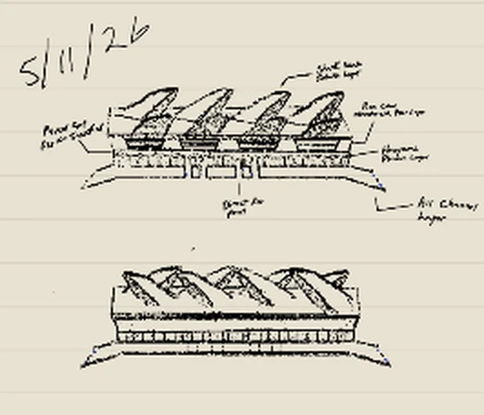 Notebook sketch dated 5/11/26: a row of scale-like intake fins over a layered base, labelled by hand, with a second variant drawn below.