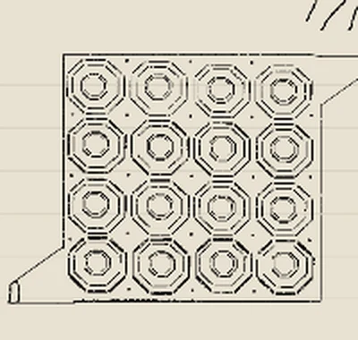 Sketch of a square panel covered in a four-by-four grid of octagonal cells, each with concentric rings.