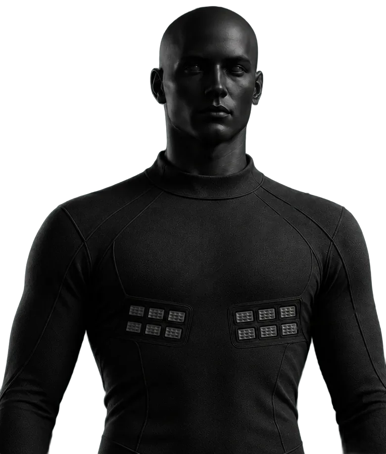 Person study: a fitted dark garment with BioVent modules at the chest. Illustrative.